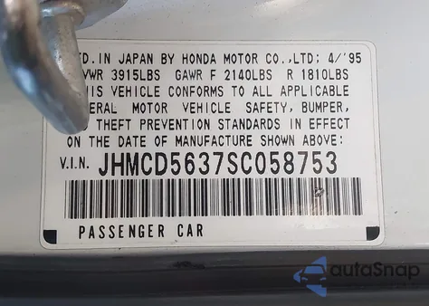 1995 Honda Accord Lx z USA, uszkodzony, nr VIN JHMCD5637SC058753